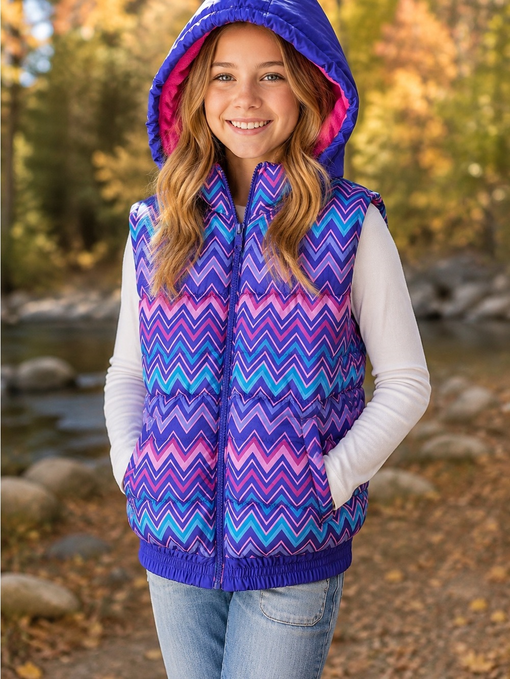 Vertical 9 Girls Chevron Puffer Vest Fleece Lined Pink, Purple, Teal Size L 14